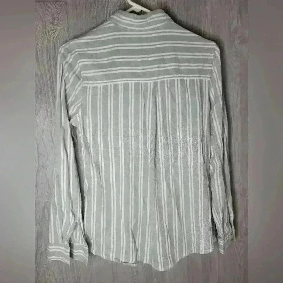 Jones and Co button-down long sleeve blouse. Sage green and white striped. - Picture 5 of 6